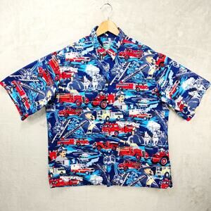 Reyn Spooner Hawaiian Shirt Mens XL All Over Print Firefighter EMS Vintage